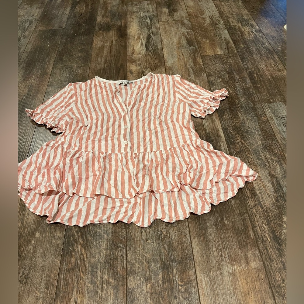 Madewell Pink and White Striped Ruffle Peplum Blouse